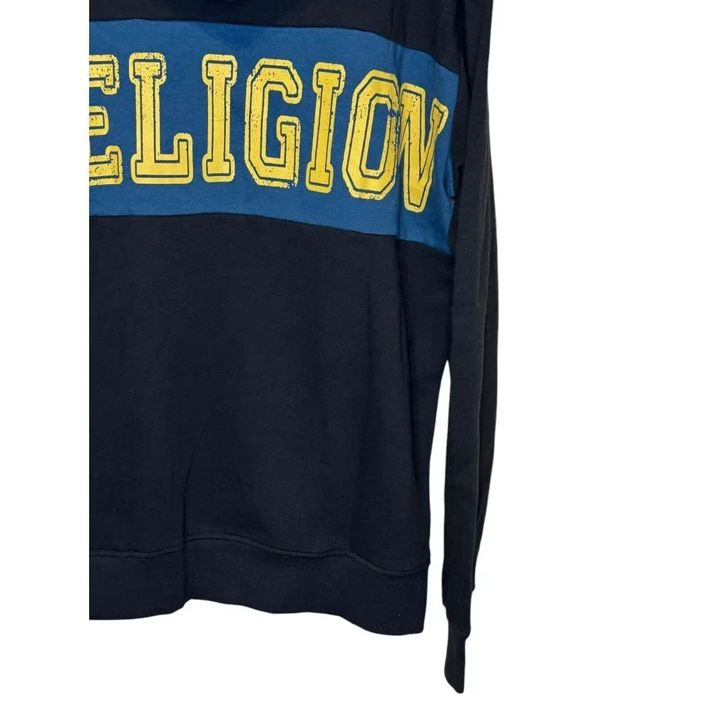 True Religion Men's Sweater Hoodie Contrast Panel Pullover Logo Black Large‎ NWT